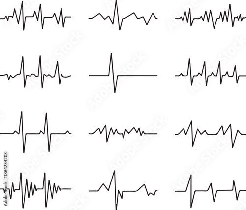 A grid displays various black electrocardiogram heart rhythm waveforms on a clean white background