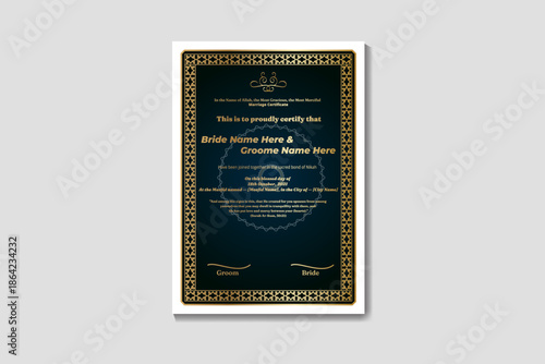 Luxurious Dark Themed Islamic Nikah Certificate Design