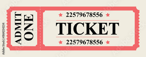 A brightly colored red ticket design featuring 'admit one' and a ticket number.