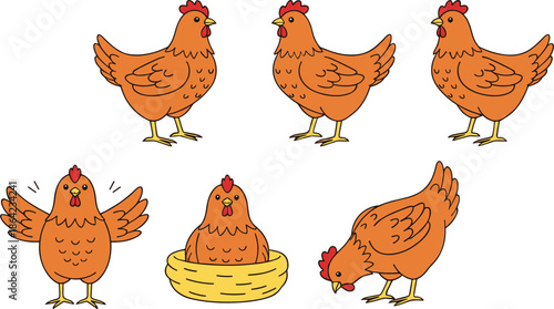 Cute Cartoon Hen Vector Set with Farm Chicken Poses Nesting Standing and Pecking Characters