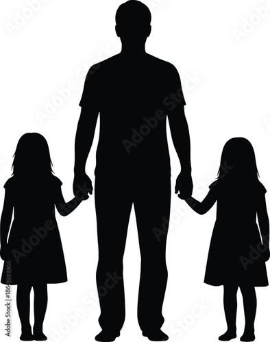 Silhouette of adult with two children holding hands, black figures, transparent background, family and protection illustration