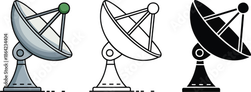 Satellite dish antenna silhouette & Outline and illustration set isolated on transparent background