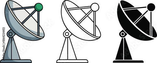Satellite dish antenna silhouette & Outline and illustration set isolated on transparent background