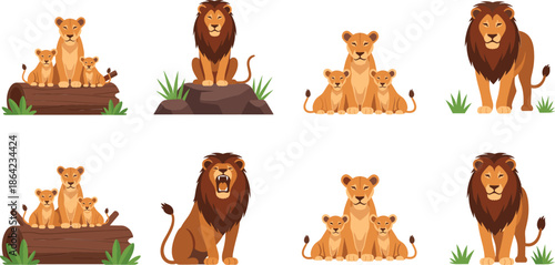 Cute Cartoon Lion Family Vector Set with Male Female and Baby Cubs Safari Wildlife Characters