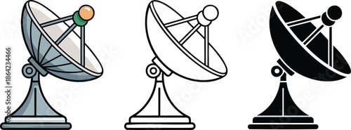 Satellite dish antenna silhouette & Outline and illustration set isolated on transparent background