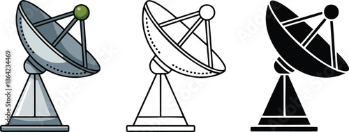Satellite dish antenna silhouette & Outline and illustration set isolated on transparent background