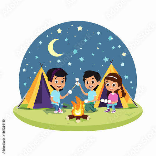 Children roasting marshmallows around a campfire at night.