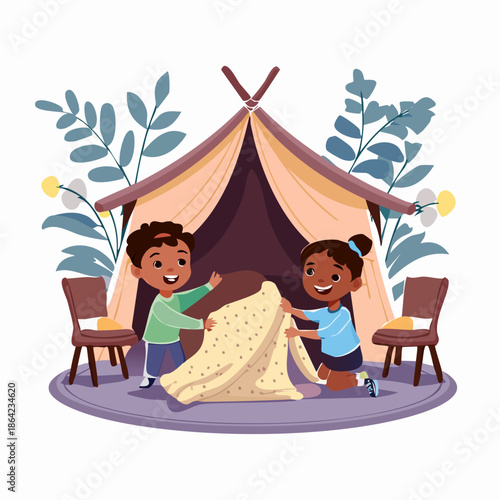 Children setting up a tent for outdoor adventure.