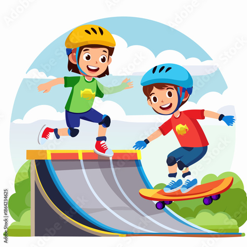 Children skateboarding and jumping on a ramp having fun outdoors.