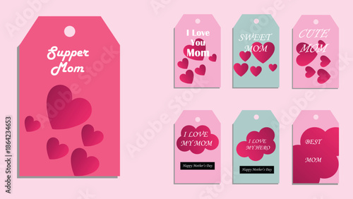 Collection of diverse gift tags for mothers featuring sweet messages and heart illustrations