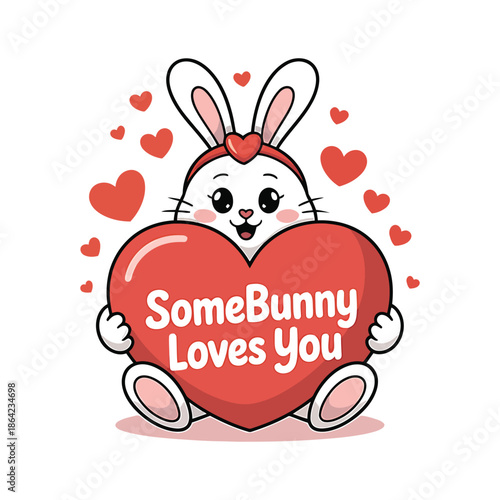 Cute Cartoon Bunny Hugging Giant Red Heart for Valentines Day and Romantic Celebration------------