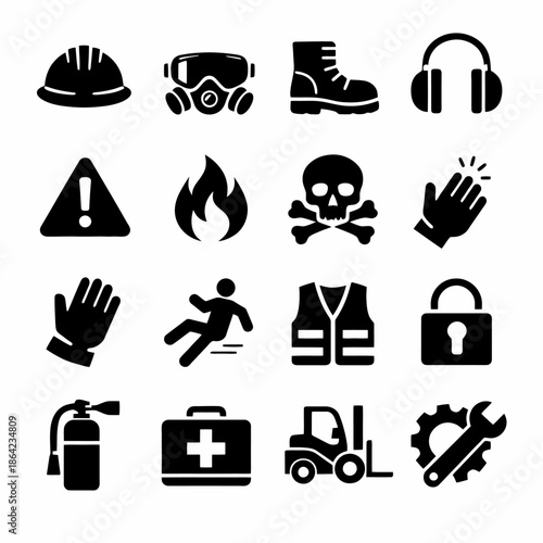 Safety equipment icons set: hard hat, mask, boots, gloves, fire symbol, skid caution