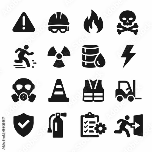 Safety icons collection: fire, radiation, hazard, ppe, emergency exit