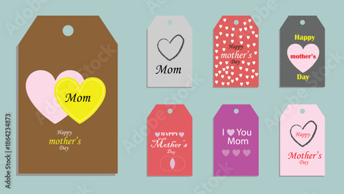 Warm brown and colorful Mothers Day tags displaying heartfelt messages and diverse heart designs