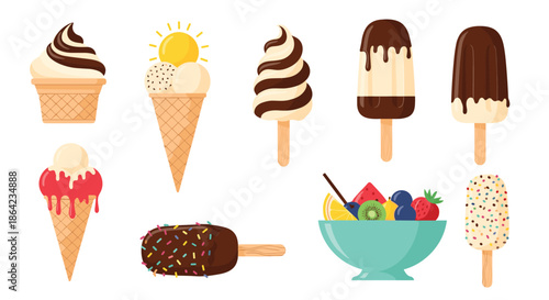 Colorful collection of sweet frozen treats including ice cream cones, popsicles, and a bowl of fresh fruit salad for summer fun.