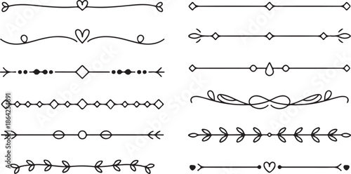 Collection of elegant black line dividers with hearts and leaves on a clean white background