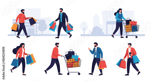 Group of diverse people carrying shopping bags and pushing carts after a successful day of retail therapy outdoors.