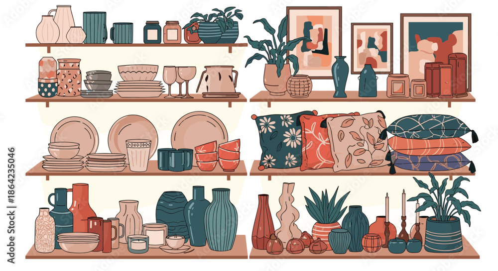 Naklejka premium Detailed illustration of various home decor items including pottery, vases, pillows, and paintings arranged on several wooden shelves for interior.