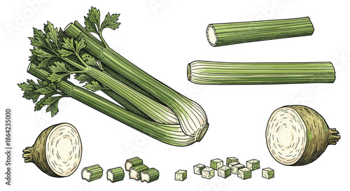 Detailed botanical illustration of fresh celery stalks and celeriac root with chopped pieces on a clean white background for culinary use.