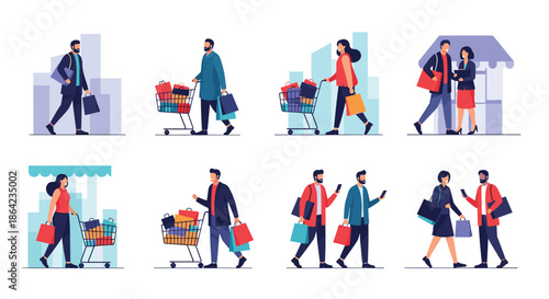 Diverse group of people engaged in shopping activities carrying bags and pushing carts in a modern flat vector illustration style.