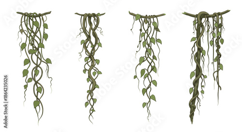 Set of various hanging jungle vines and creepers with small green leaves ideal for nature-themed game levels or graphic design projects.