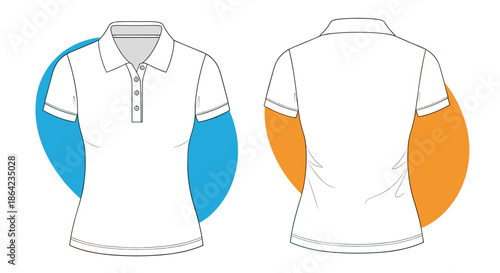 Technical blank white polo shirt template for women featuring front and back views with a button collar and short sleeves.