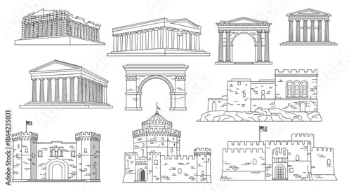 Collection of architectural sketches featuring ancient greek temples, roman arches, and medieval castles in a black and white line art style.