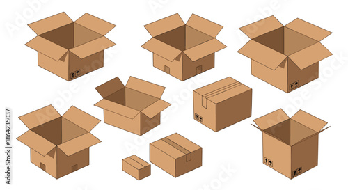 Set of various cardboard shipping boxes in different open and closed positions for logistics, moving, and delivery services concepts.