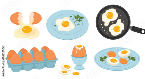 Various egg preparation methods including fried, boiled, raw, and in a carton for breakfast and culinary theme design project resources.