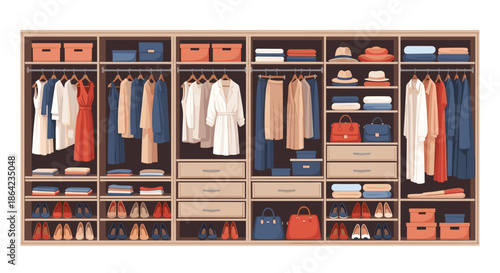 Neatly organized large wardrobe closet with various clothes, shoes, bags, and accessories arranged on shelves and hanging rods for home.