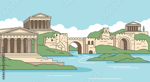 Serene landscape illustration featuring ancient greek temples, stone walls, and a bridge over a river under a clear blue sky for travel.