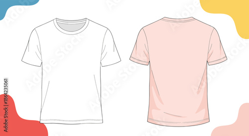 Front and back views of basic short-sleeved t-shirt templates in white and light pink for apparel design and fashion mockup purposes.