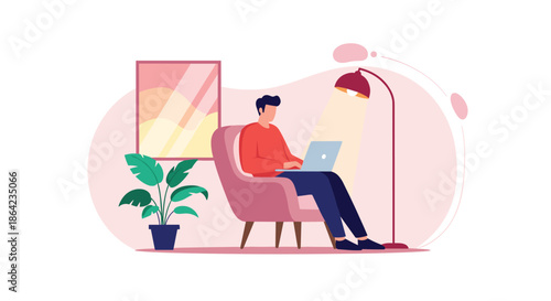 Man sitting in a comfortable armchair working on a laptop computer in a cozy room with a plant and floor lamp for remote work concepts.