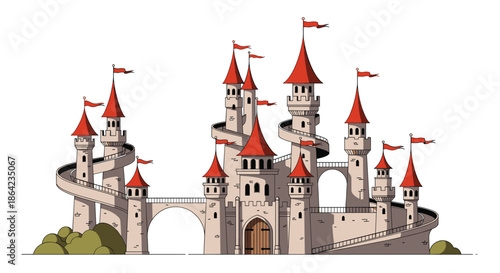 Majestic fairytale castle with multiple towers, red roofs, and winding stairs shown as a detailed vector illustration on a white background.