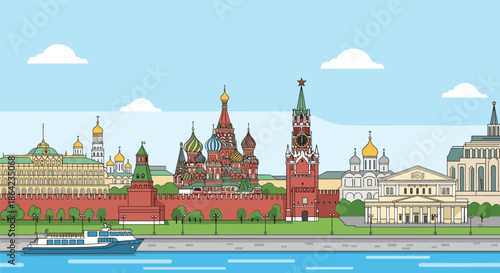 Colorful vector illustration of the moscow skyline featuring st basils cathedral and the kremlin wall under a clear blue sky with clouds.