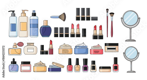 Large collection of various makeup and skincare products including creams, lipsticks, nail polishes, and mirrors for beauty industry design.