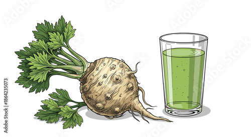 Illustration of a whole celeriac root vegetable next to a glass of fresh green vegetable juice for health and wellness marketing materials.