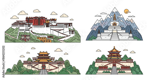 Iconic Asian architectural landmarks set includes the Potala Palace and traditional stupas situated among snowy mountains.