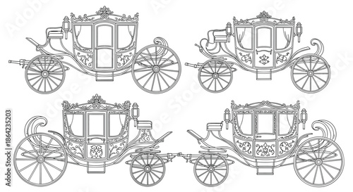 Collection of intricate line art illustrations featuring royal horse-drawn carriages with ornate decorations and large wheels.