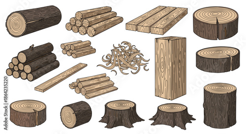 Detailed hand drawn sketches of rough logs, cut timber planks, tree stumps, and wood shavings for carpentry and forest themes.