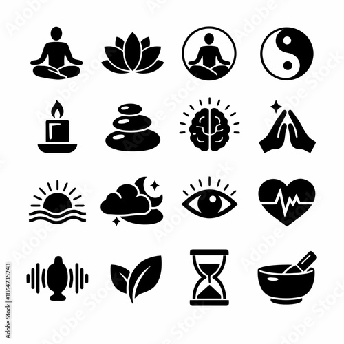 Wellness and meditation icons: yoga, zen, mindfulness, relaxation, balance