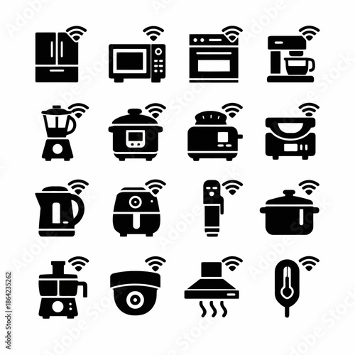 Smart kitchen appliance icons featuring wi-fi technology for modern cooking
