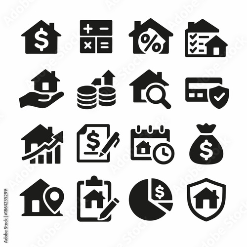 Real estate and finance icons: house, money, investment, and security symbols