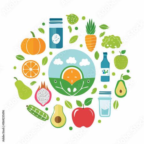 Circular Arrangement of Fresh Fruits Vegetables and Juices.
