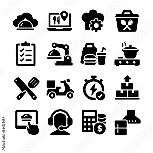 Culinary icons: cloud, laptop, chef hat, food basket, kitchen tools, delivery scooter