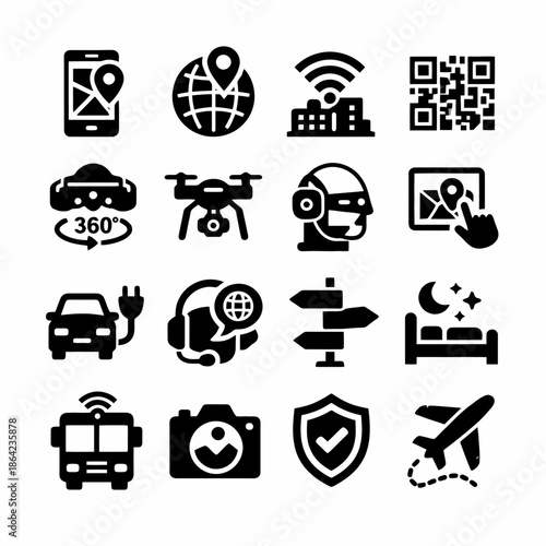 Transportation and technology icons set featuring gps, qr code, drone, electric car