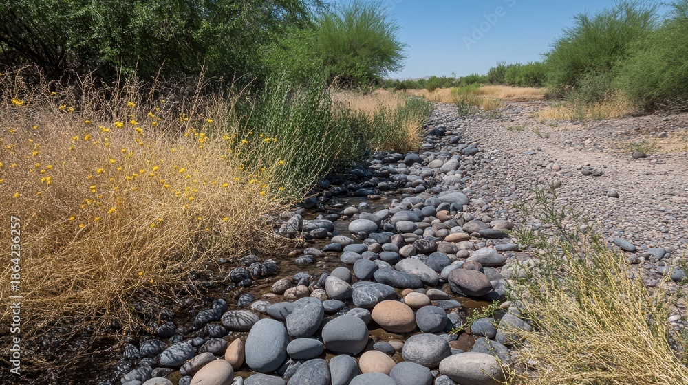 Fototapeta premium A dry riverbed filled with scattered pebbles and stones with sparse vegetation and water under a clear blue sky