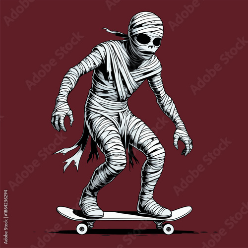 illustration of a mummy who is good at skateboarding