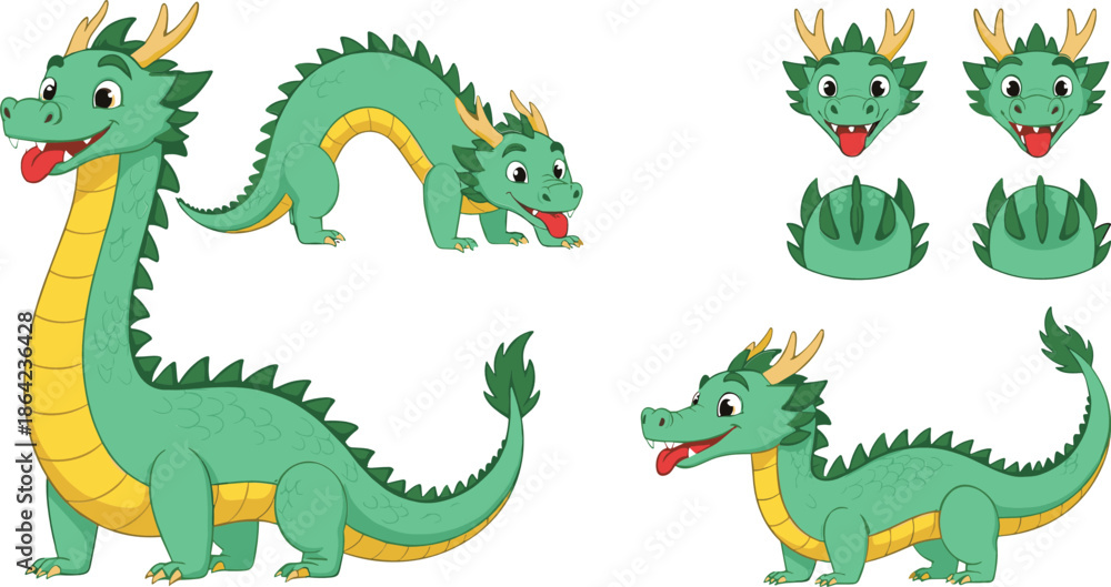 Obraz premium Cute Kawaii Dragon Cartoon Vector Set with Green Fantasy Creature Poses Expressions and Body Parts Collection