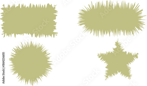 An arrangement of four uniquely shaped, light green figures with a rough, fragmented outline.